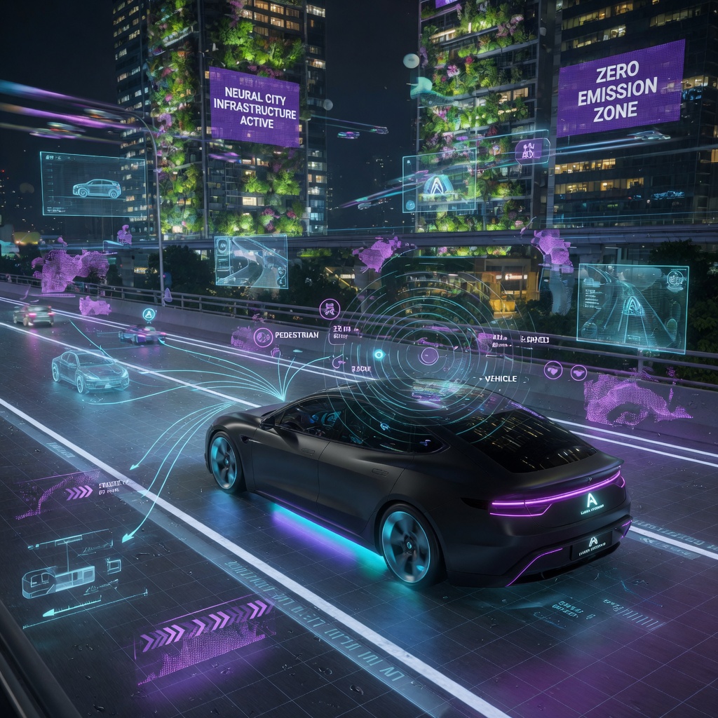 An autonomous electric vehicle navigating a glowing smart city highway at night with AI sensor visualizations projected around it