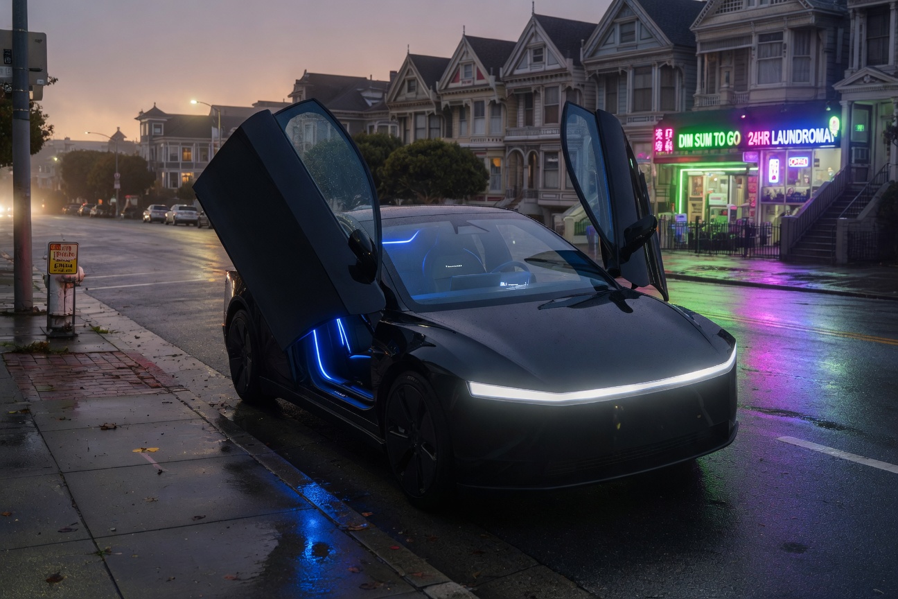 A sleek Tesla Cybercab glowing under pre-dawn city lights, arriving silently at a residential curb