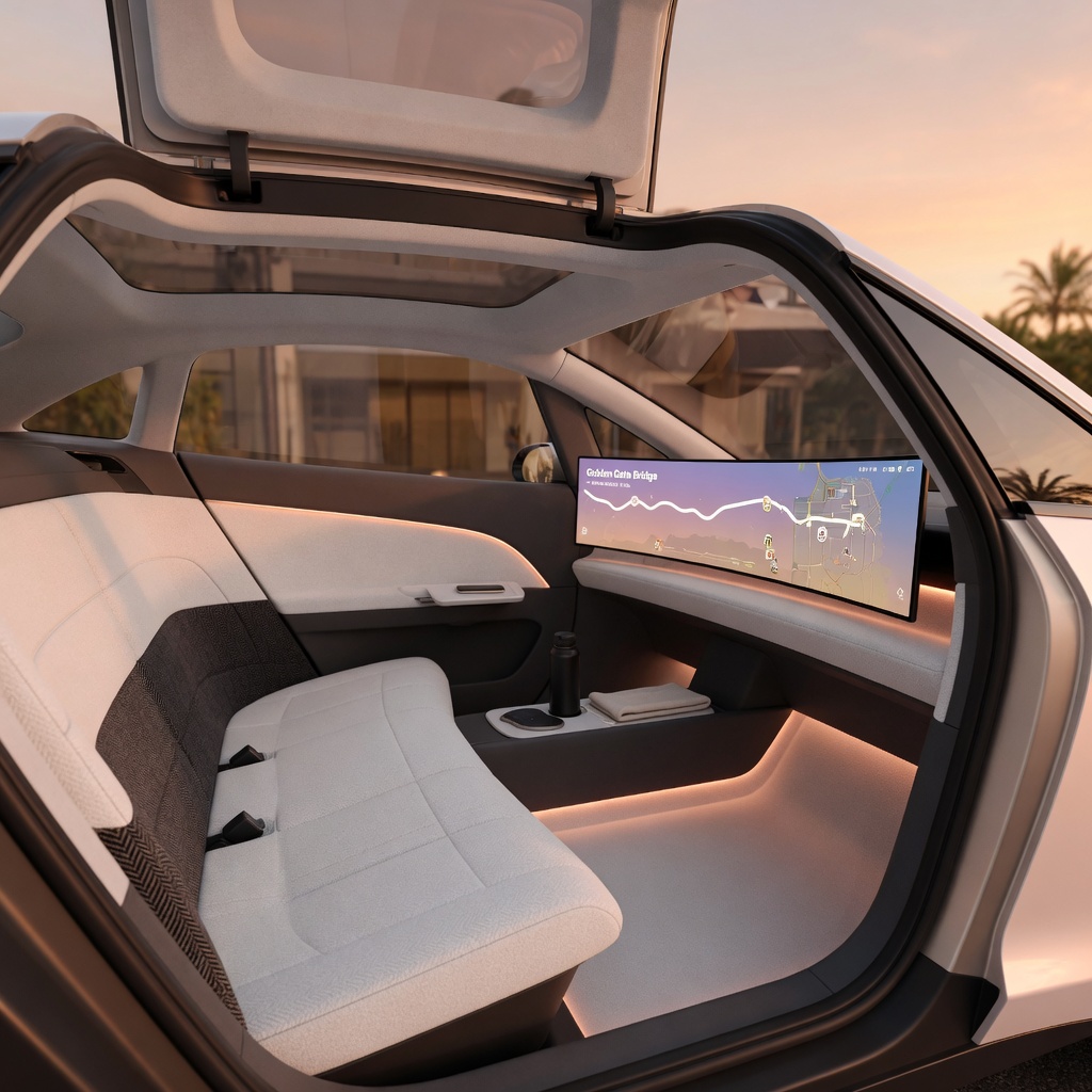 Close-up of Tesla Cybercab interior showing the wide passenger bench, ambient lighting, and minimalist touchscreen interface