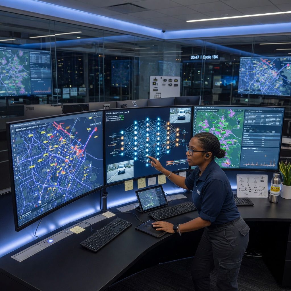 Tesla engineer reviewing autonomous vehicle telemetry data on multiple monitors showing live fleet map and FSD sensor logs