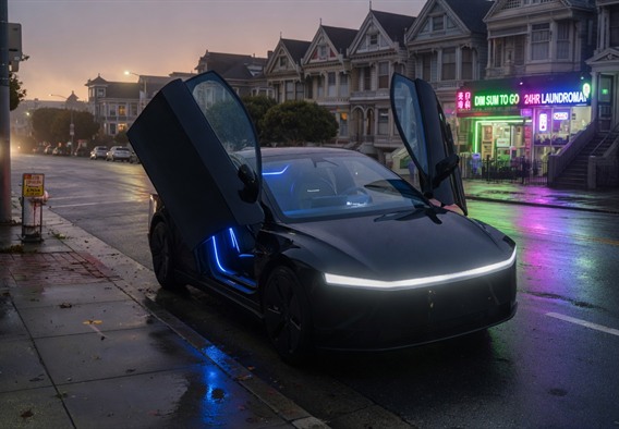 A sleek, futuristic Tesla Cybercab with butterfly doors open, glowing soft blue ambient lights, arriving silently at a residential curb in pre-dawn San Francisco, rain-wet streets reflecting neon signs, no driver visible through the panoramic windshield, ultra-realistic cinematic lighting, 4K photorealistic render, hopeful and serene mood