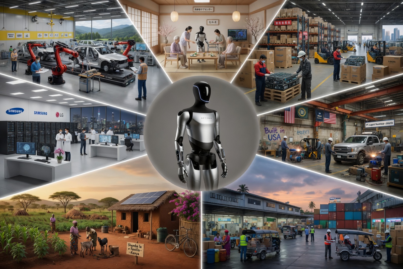 Tesla Optimus humanoid robot standing in a global cityscape montage representing diverse regional deployments