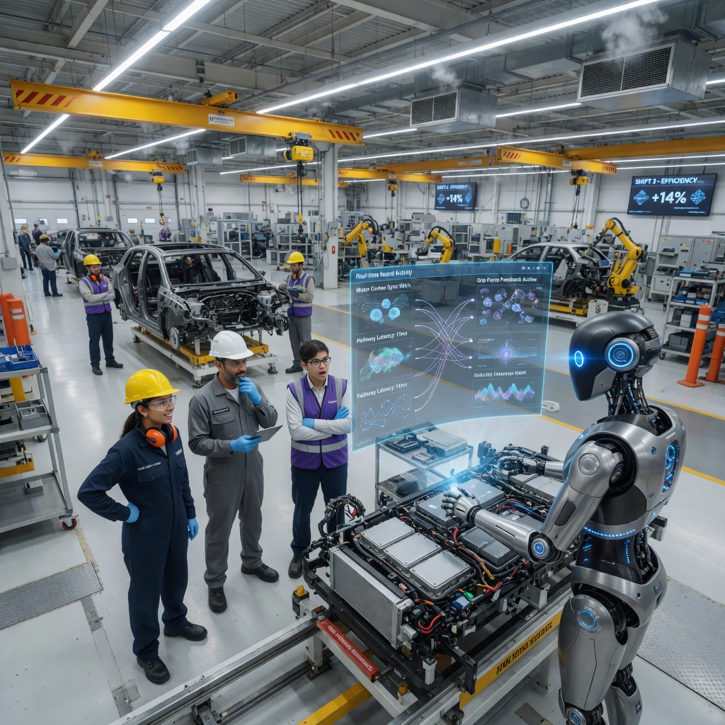 Humanoid robot working alongside human workers on a modern automotive assembly line in a Western factory