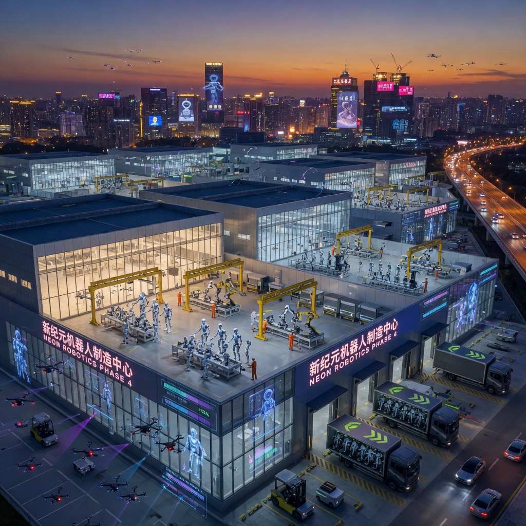Advanced robotics factory in China with multiple humanoid robots being assembled and tested under bright LED lighting