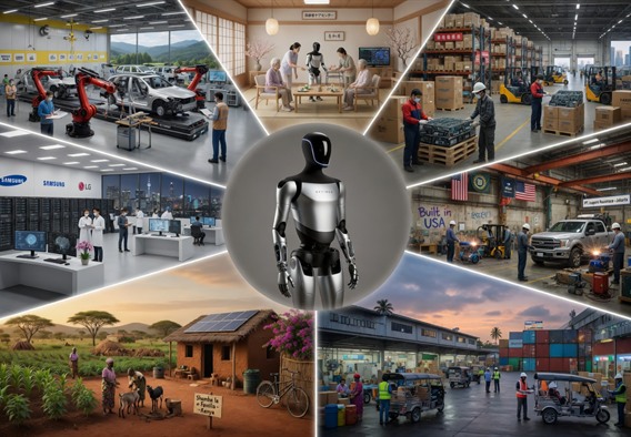A photorealistic composite image showing Tesla's sleek silver humanoid Optimus robot standing at the center of a circular panorama featuring seven distinct global environments: a German automotive factory, a Japanese elder care facility, a Chinese electronics warehouse, a Detroit assembly plant, a Southeast Asian logistics hub, a Sub-Saharan African small farm, and a Korean tech facility, each environment rendered in vivid environmental detail, soft dramatic lighting emphasizing the robot as a u