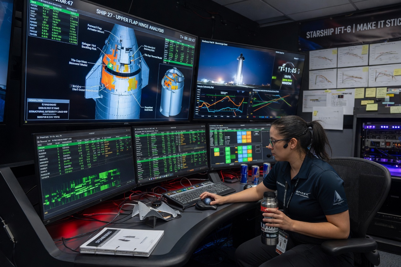 A SpaceX flight systems engineer monitoring Starship telemetry at Starbase, Texas, with multiple glowing screens reflecting off her face in a darkened control room