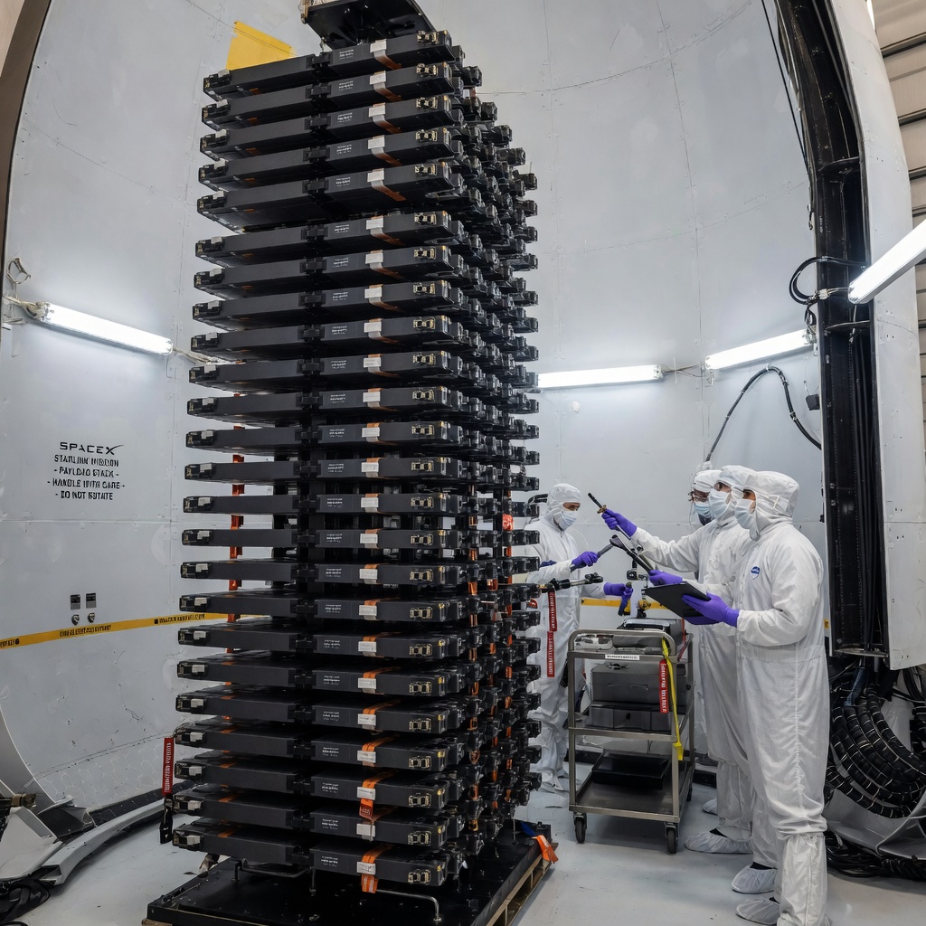 Rows of Starlink flat-panel satellites stacked inside a Falcon 9 fairing during pre-launch processing, bathed in clean white workshop lighting
