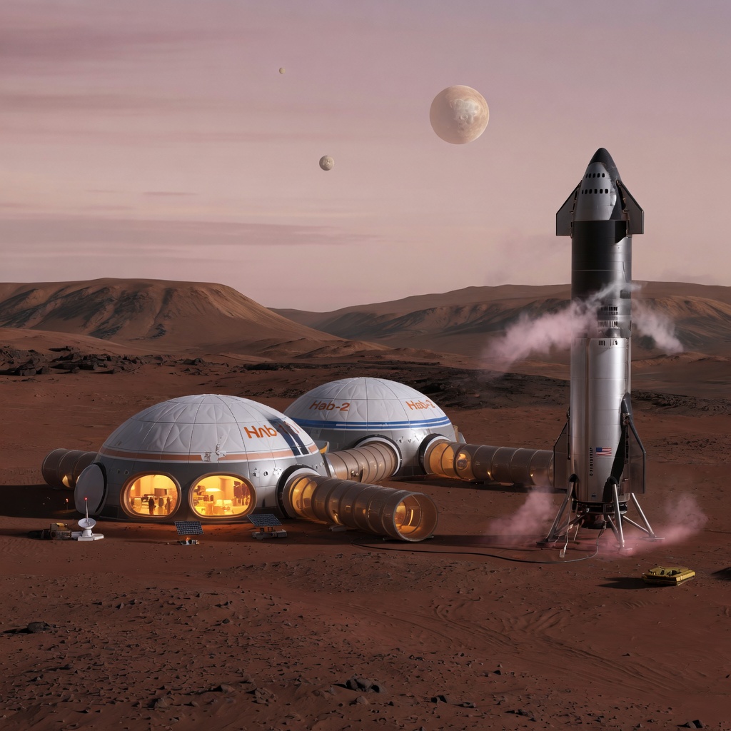 A futuristic Mars surface habitat glowing with warm interior light against a rust-red Martian landscape at dusk, with a Starship vehicle visible in the background near landing struts