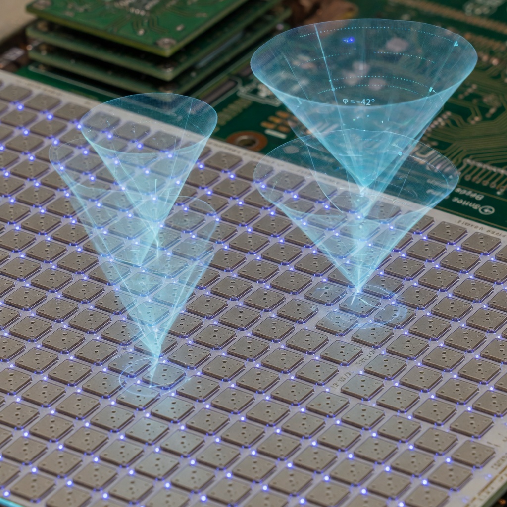 Close-up of a phased-array satellite antenna array with glowing circuit elements and beam visualization