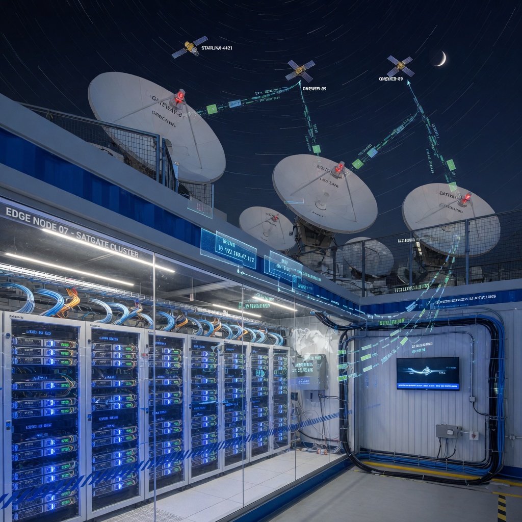 Futuristic edge computing data center integrated with satellite ground station infrastructure glowing with data streams