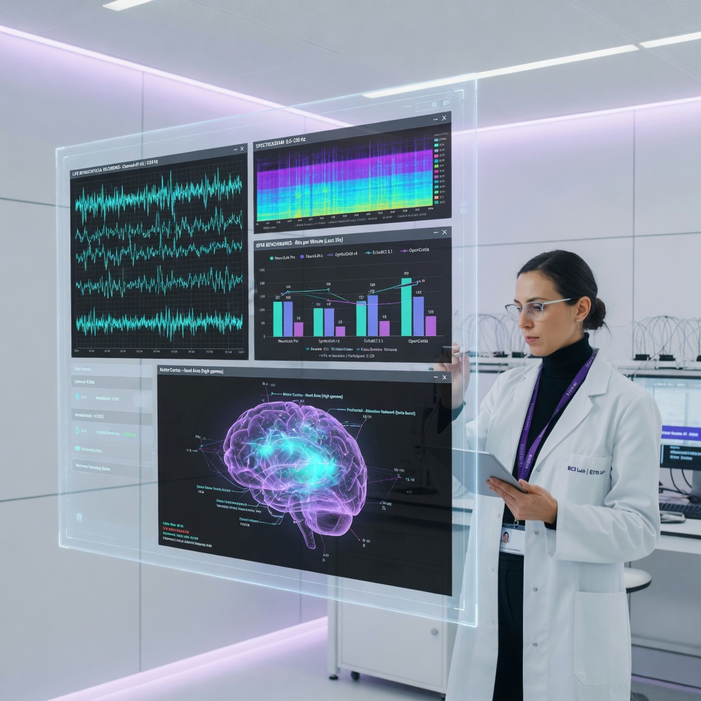 Data visualization dashboard showing real-time neural signal processing metrics and BCI benchmark comparisons