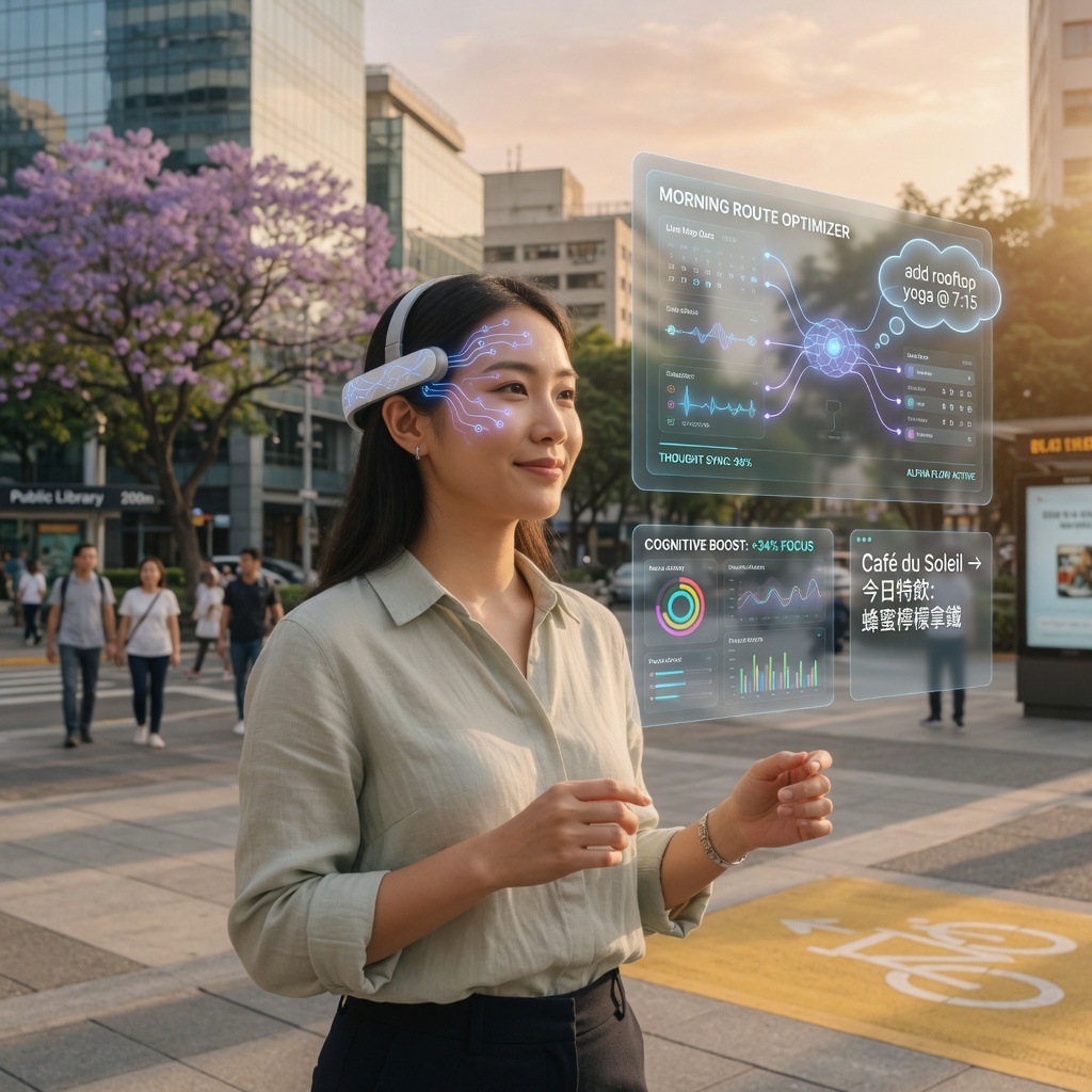 Futuristic non-invasive brain scanning helmet with augmented reality interface showing decoded neural patterns