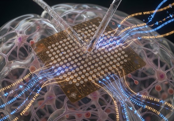 Photorealistic ultra-close-up of a biocompatible neural electrode array with thousands of micro-scale recording channels, each glowing faintly with captured electrical signals, embedded within stylized transparent brain tissue, surrounded by flowing bioluminescent data streams converting neural spikes into digital binary code, warm amber and electric blue color palette, cinematic depth of field, futuristic medical technology aesthetic emphasizing the precision engineering of the human-machine in