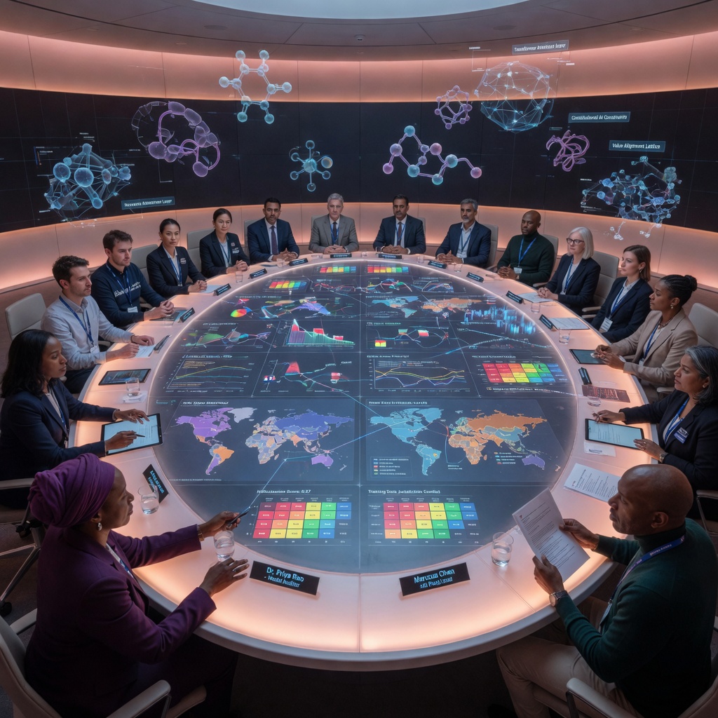 A diverse group of policy makers, scientists, and technology advocates gathered around a glowing table displaying AI ethics frameworks