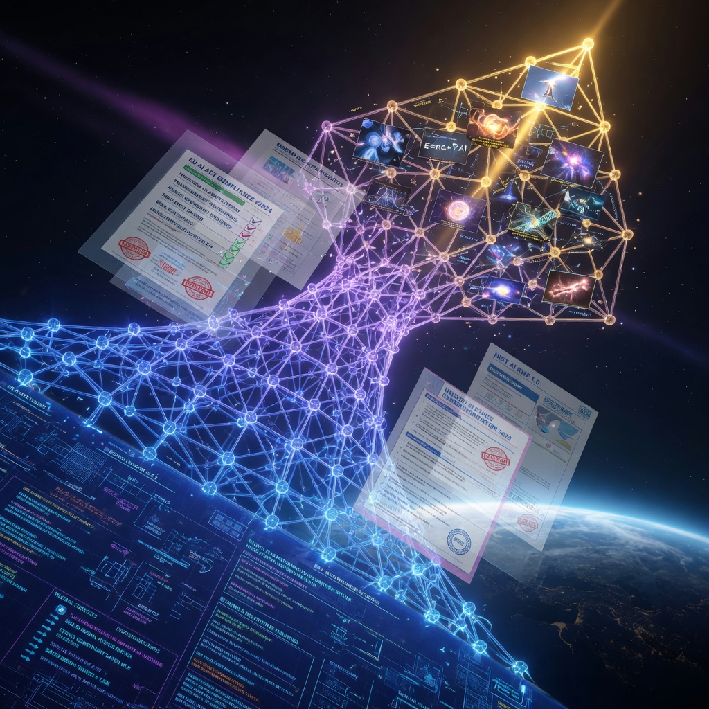 Futuristic holographic blueprint of AI model architecture overlaid with global regulatory maps and compliance checkpoints
