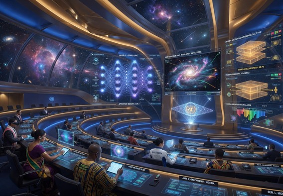 A grand futuristic legislative chamber filled with holographic displays showing AI neural network visualizations, cosmic telescope imagery, and multilayered regulatory compliance frameworks, warm blue and gold lighting, transparent glass walls revealing a starfield beyond, delegates from diverse nations seated at curved data-embedded desks, cinematic photorealistic render, ultra-high detail