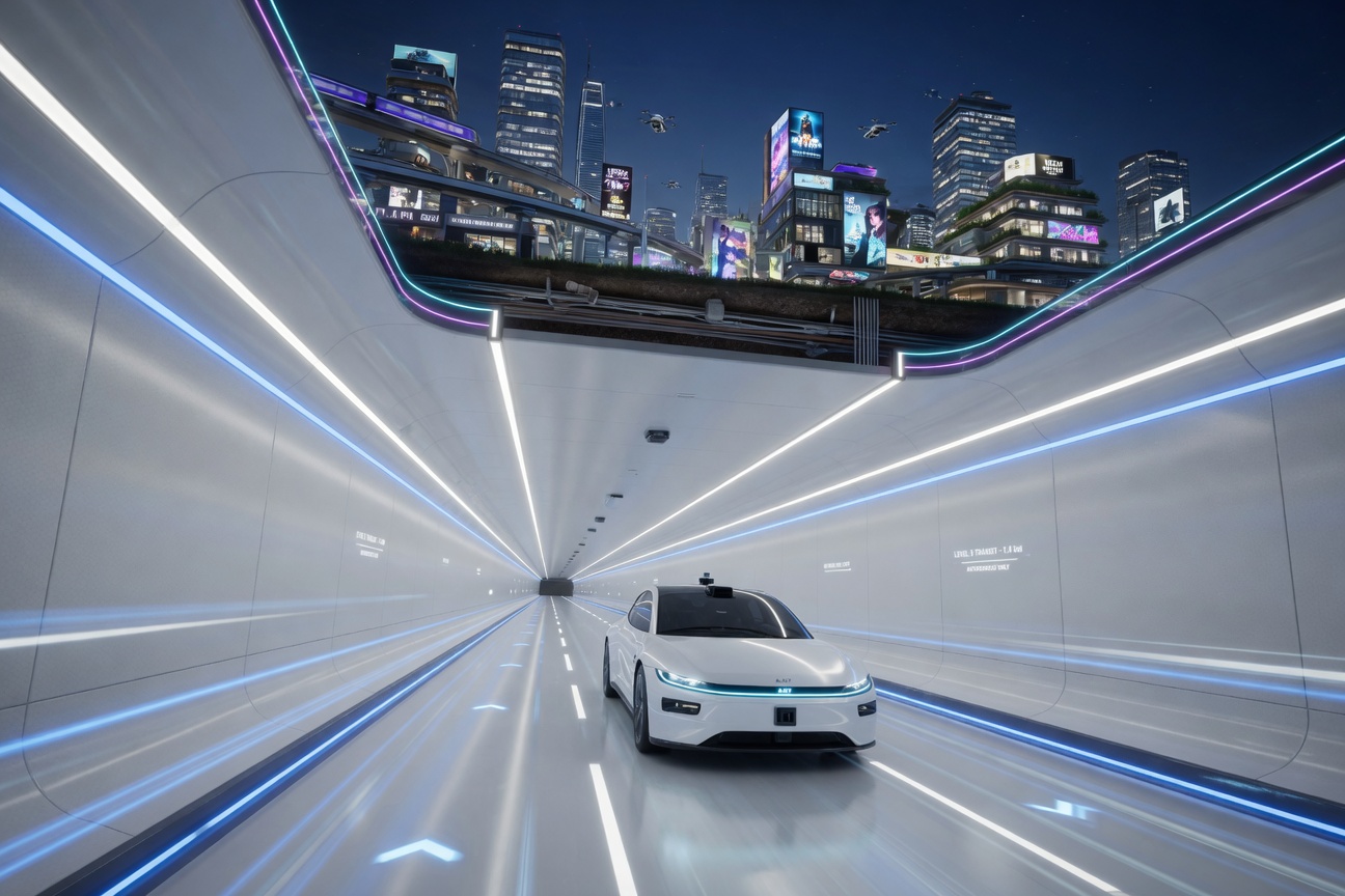 Futuristic underground tunnel transit system with Tesla vehicles gliding through a bright, sleek tube beneath a glowing city skyline