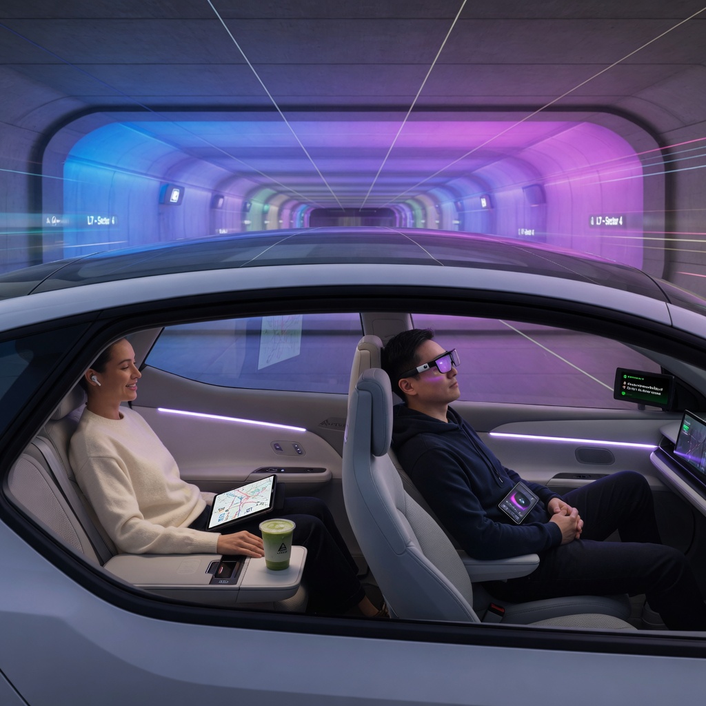 Interior of a sleek white autonomous Tesla vehicle moving through an illuminated underground tunnel with colorful LED lighting