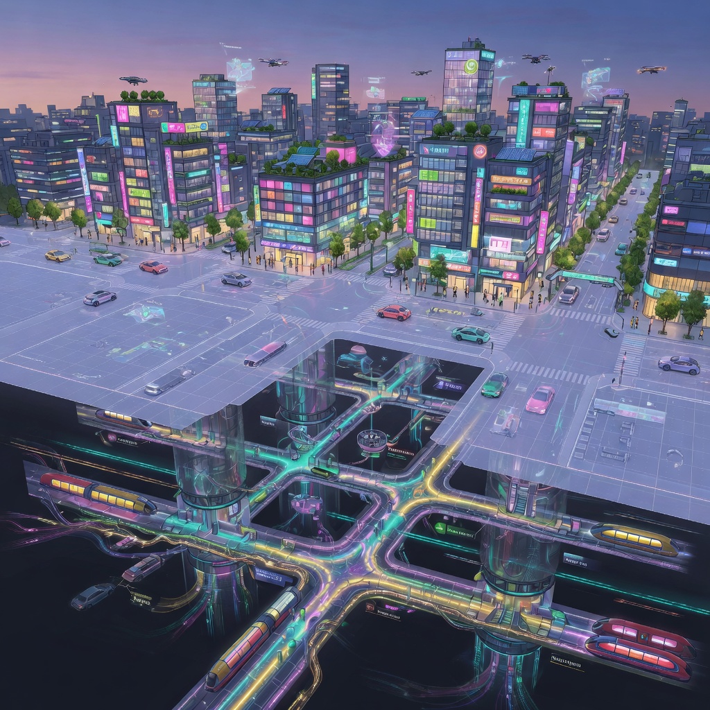 Aerial concept art of a smart city with underground tunnel network visible beneath transparent streets, showing interconnected mobility corridors glowing beneath urban blocks