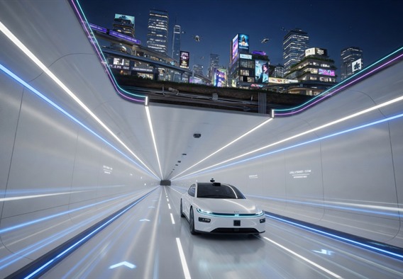 A breathtaking photorealistic wide-angle view looking down a long, pristine underground tunnel lit with ambient blue and white LED strips, a sleek autonomous white electric vehicle gliding silently through the center, the tunnel walls perfectly smooth and futuristic, a glowing city skyline visible in a stylized cross-section cutaway above the tunnel ceiling, conveying speed, precision, and the future of urban mobility, cinematic lighting, ultra-high detail