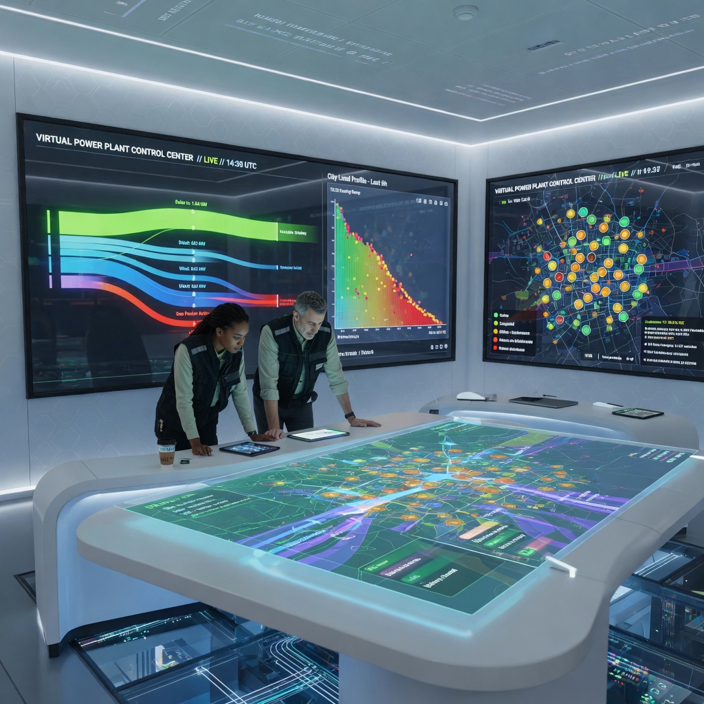 Engineer reviewing real-time grid data on holographic displays inside a virtual power plant control center surrounded by glowing screens