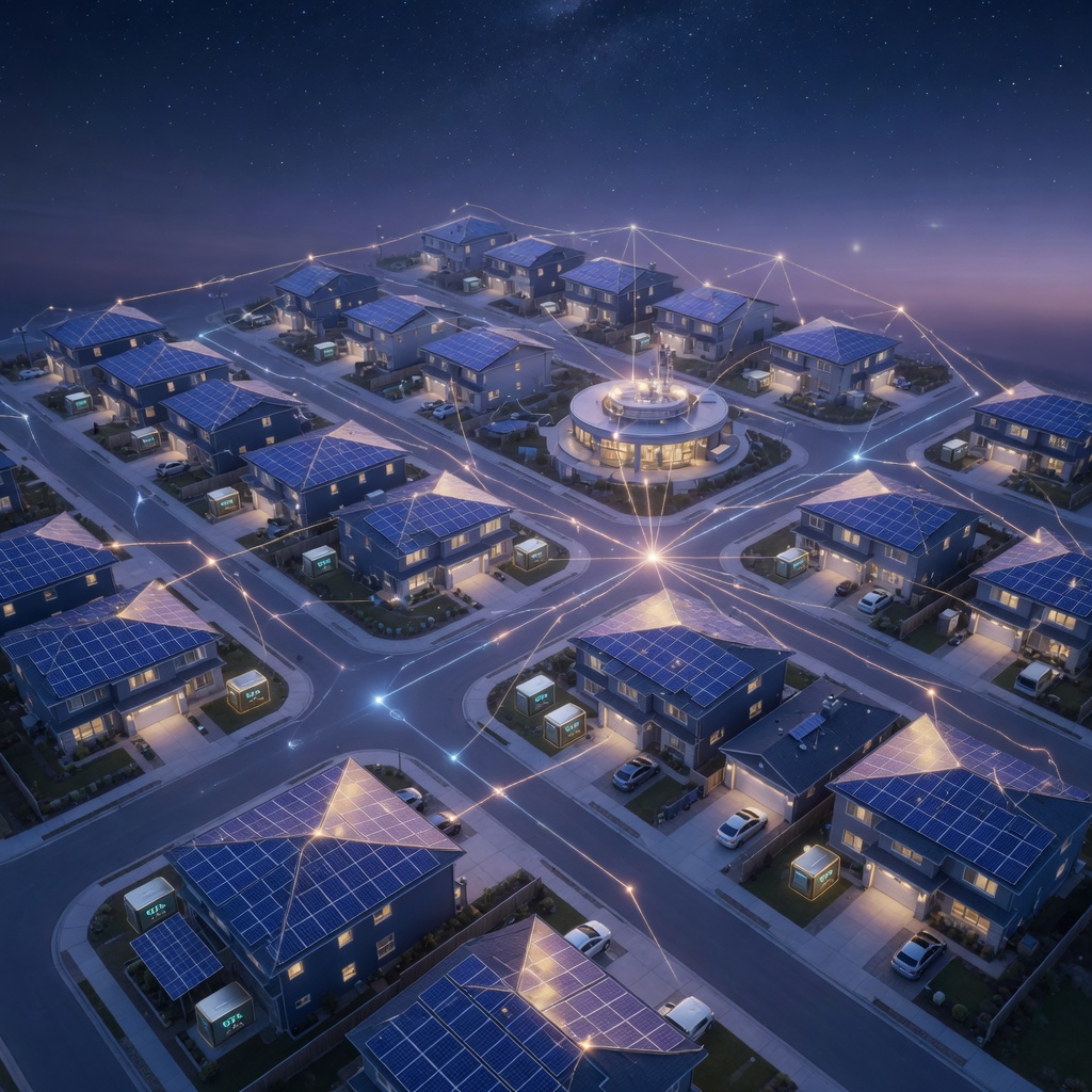 Futuristic residential neighborhood at night with glowing rooftop solar panels and home battery systems forming a luminous virtual power plant network